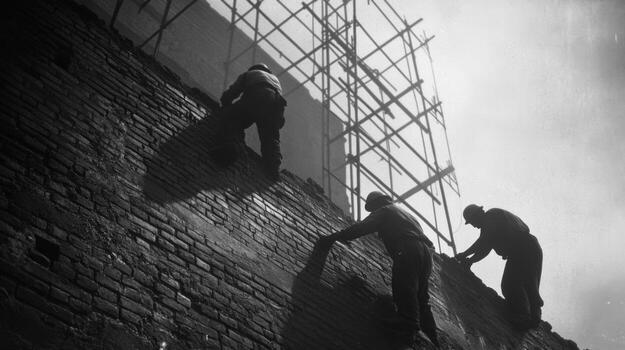 Construction Workers on a Brick Wall with Scaffolding in the Background photo