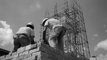 Two Construction Workers Building a Brick Wall photo