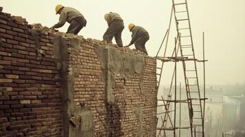 Construction Workers Demolishing a Brick Wall with a Ladder photo