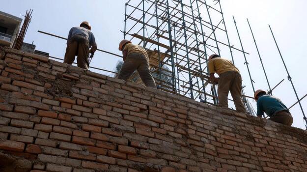 Construction Workers on a Brick Wall with Scaffolding photo