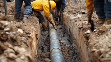 Workers Installing a Large Pipe in a Trench photo