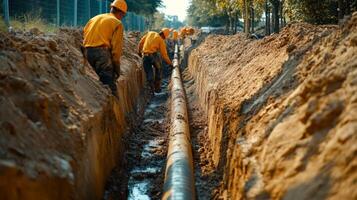 Workers Installing a Large Pipe in a Trench photo