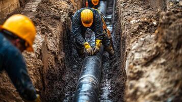 Construction Workers Installing Large Pipeline in Trench photo