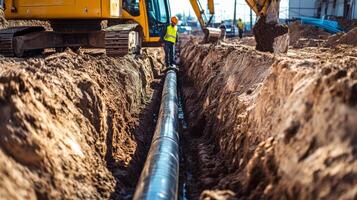 Excavator Digging a Trench for a Large Pipe photo