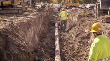 Construction Workers Laying Pipe in Trench photo