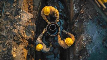 Three Construction Workers Lowering a Large Pipe Into a Trench photo