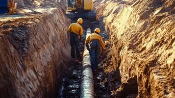 Two Construction Workers Inspecting a Large Pipe in a Trench photo