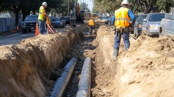Construction Workers Laying Pipes in a Trench photo