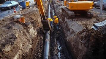 Construction Workers Repairing a Large Pipe in a Trench photo