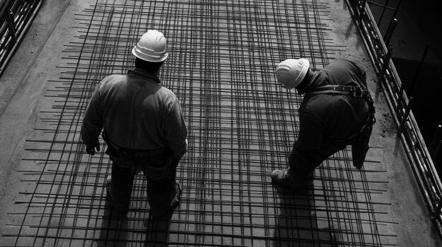 Two Construction Workers Standing on a Concrete Slab with Rebar Grid photo