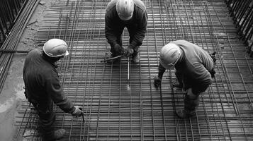 Three Construction Workers Working on a Steel Grid Floor photo