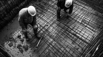 Two Construction Workers Positioning Steel Reinforcement Bars in Wet Concrete photo