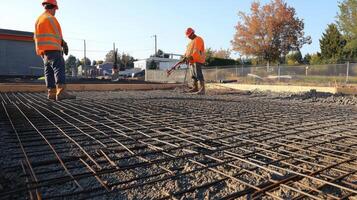 Construction Workers Pouring Concrete Over Steel Rebar Grid photo