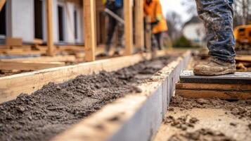 Close-Up of Construction Worker's Foot on a Foundation photo