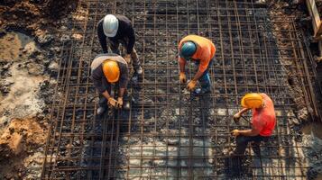 Construction Workers Laying Foundation Rebar photo