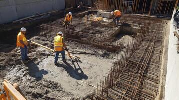 Construction Workers Pouring Concrete on a Foundation with Rebar photo