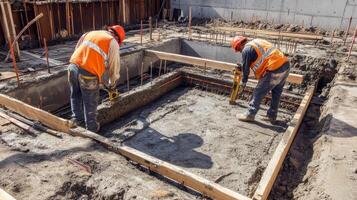 Construction Workers Leveling Wet Concrete in a Foundation photo