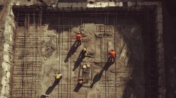 Construction Workers Working on a Rebar Grid photo