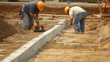 Two Construction Workers Leveling Concrete at a Construction Site photo