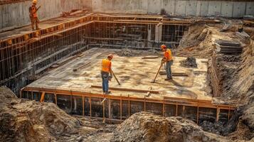Construction Workers Leveling Concrete at a Construction Site photo