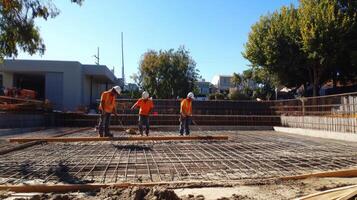 Construction Workers Laying Rebar on a Concrete Foundation photo