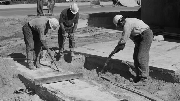 Three Construction Workers Laying Down Concrete Slabs photo