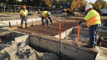 Construction Workers Working on a Concrete Foundation photo