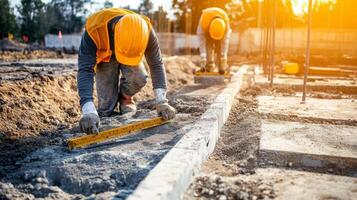 Construction Worker Using Leveling Tool on Concrete photo
