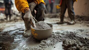 Construction Worker Mixing Cement in Bucket with Wooden Paddle photo