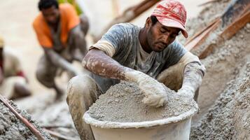 Construction Worker Mixing Cement in Bucket photo