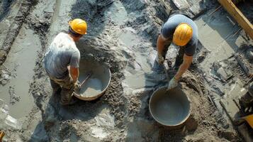 Two Construction Workers Mixing Cement in Buckets photo