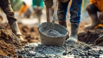 Worker Mixing Concrete with a Shovel in a Bucket photo