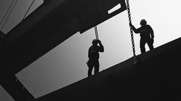 Two Silhouetted Construction Workers on a Metal Beam photo