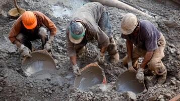 Three Construction Workers Mixing Concrete With Shovels photo