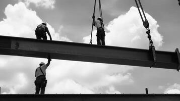 Construction Workers Lifting a Steel Beam with a Crane photo