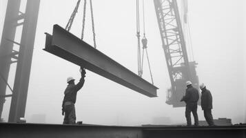 Construction Workers Lifting a Steel Beam in Foggy Conditions photo