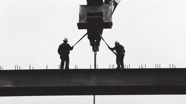 Two Construction Workers Holding a Cable Attached to a Crane photo
