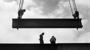 Construction Workers Lifting a Large Steel Beam with a Crane photo