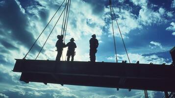 Construction Workers Silhouetted Against Cloudy Sky photo