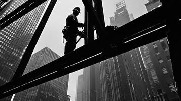 A Construction Worker Stands On A Steel Beam Above A Cityscape photo