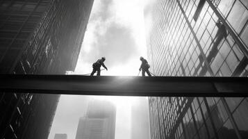 Two Construction Workers on a Steel Beam Between Skyscrapers photo