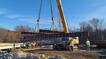 Construction Workers Using Crane to Lift Steel Beam During Bridge Construction photo