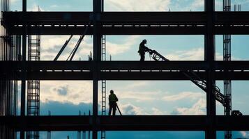 Construction Workers Silhouetted Against the Sky on a Steel Frame Building photo