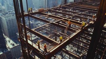 Construction Workers on the Steel Frame of a High-Rise Building photo