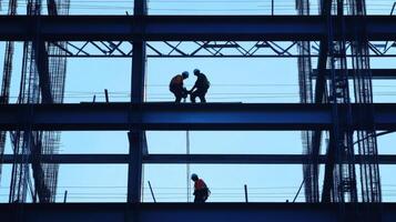 Construction Workers Silhouetted Against the Sky on a Steel Structure photo