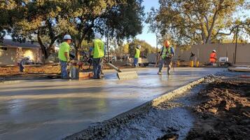 Construction Workers Leveling Wet Concrete With Tools photo