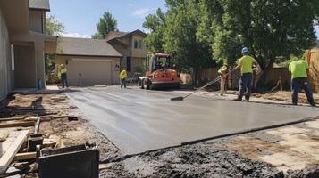 Construction Workers Pouring and Leveling Concrete for a Driveway photo
