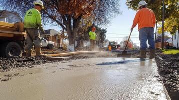 Construction Workers Leveling Wet Concrete on a Street photo