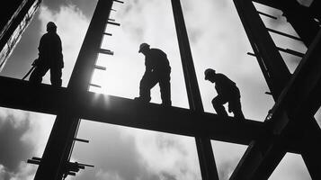 Silhouettes of Construction Workers on a Steel Beam photo