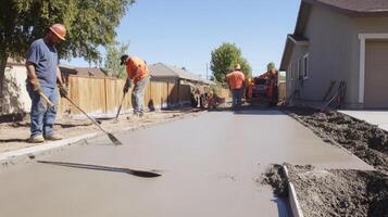 Construction Workers Smoothing Wet Concrete Driveway photo